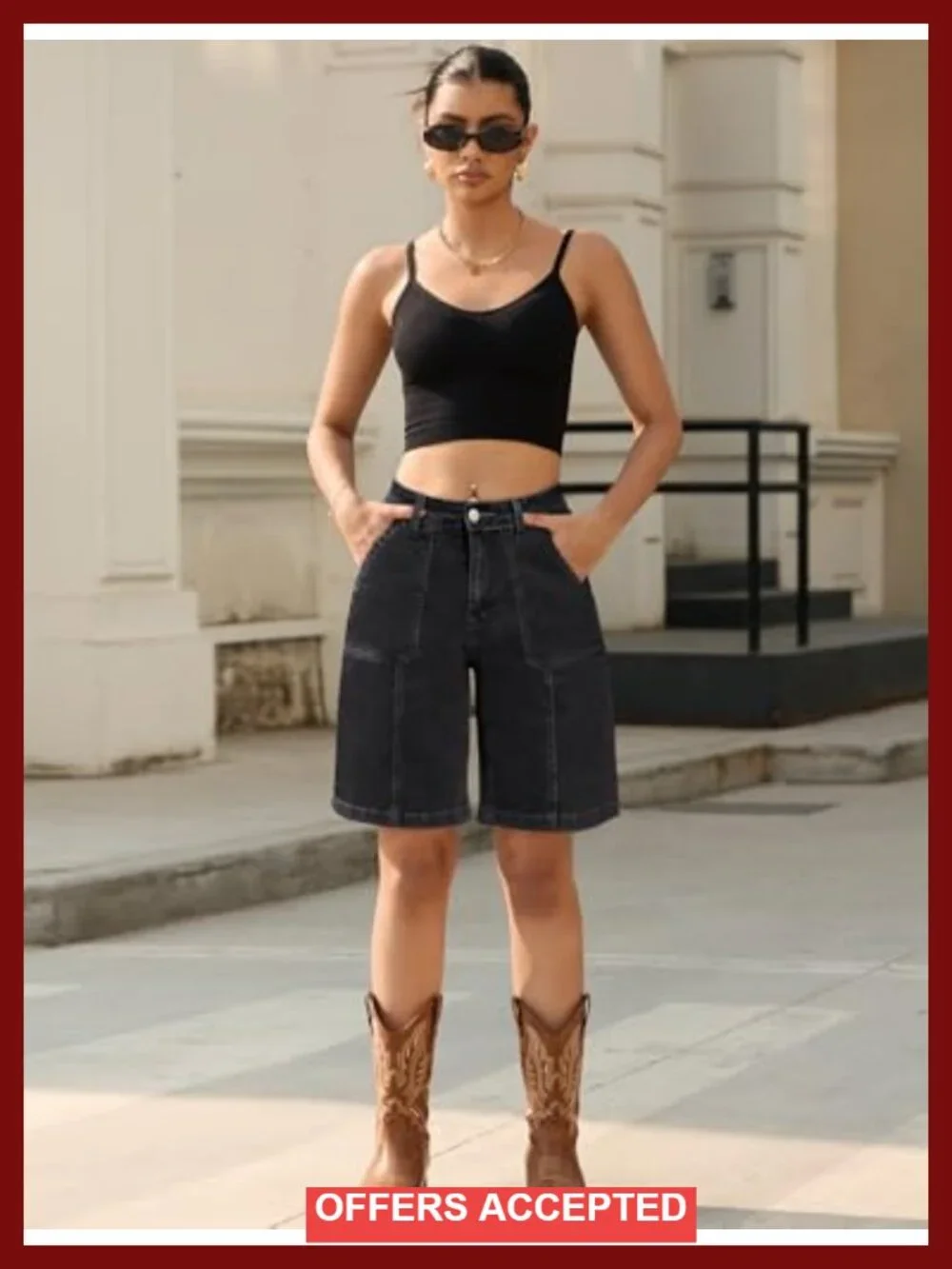 High Waist Bermuda Denim Shorts with Pockets Long Knee Length Summer Jean Shorts